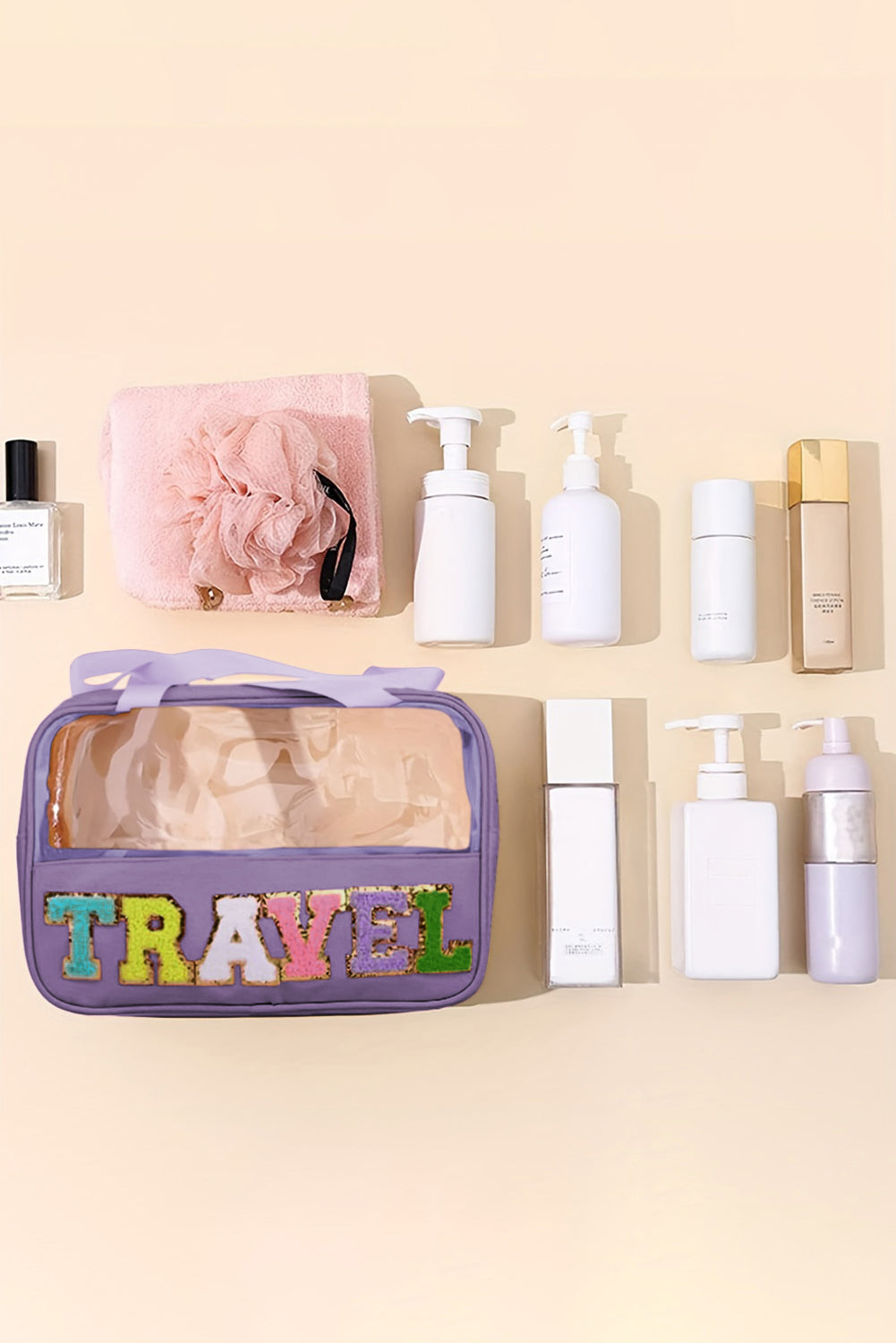 Purple TRAVEL Chenille Letter Clear Bag