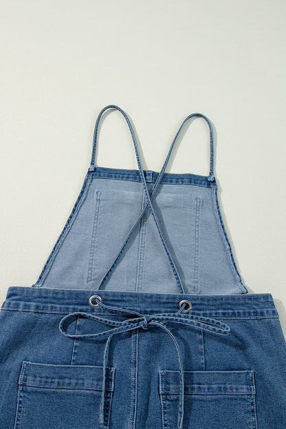 Dusk Blue Adjustable Tie Straps Cropped Wide Leg Denim Overalls