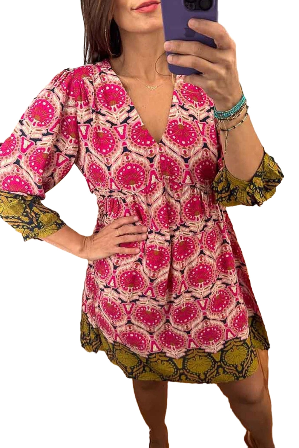 Strawberry Pink Retro Printed V Neck Bracelet Sleeve Dress