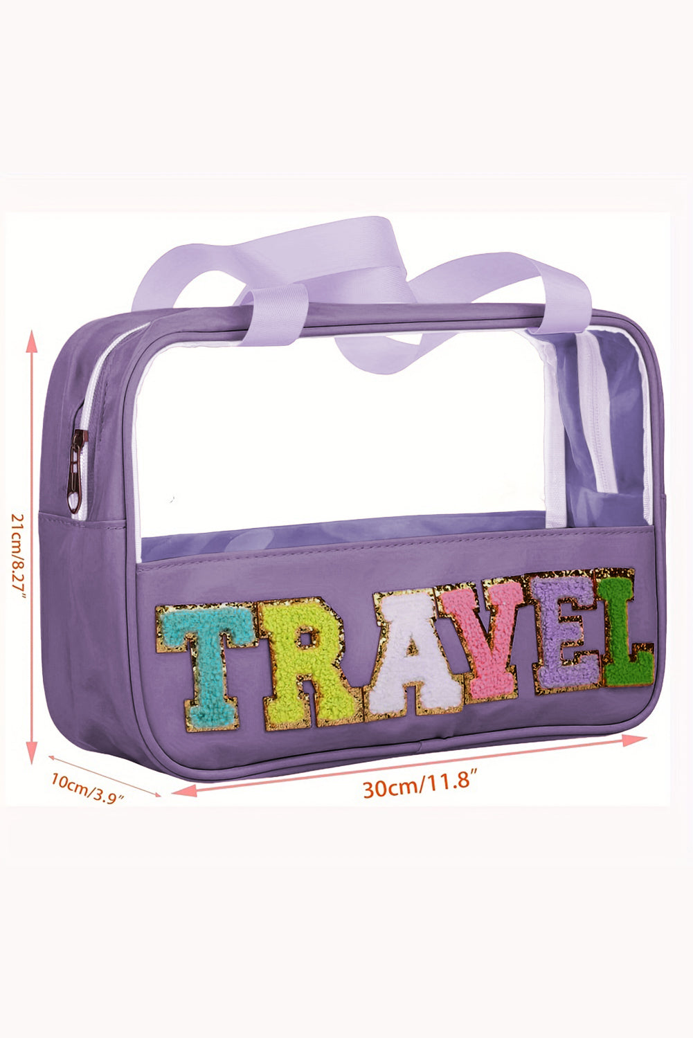Purple TRAVEL Chenille Letter Clear Bag
