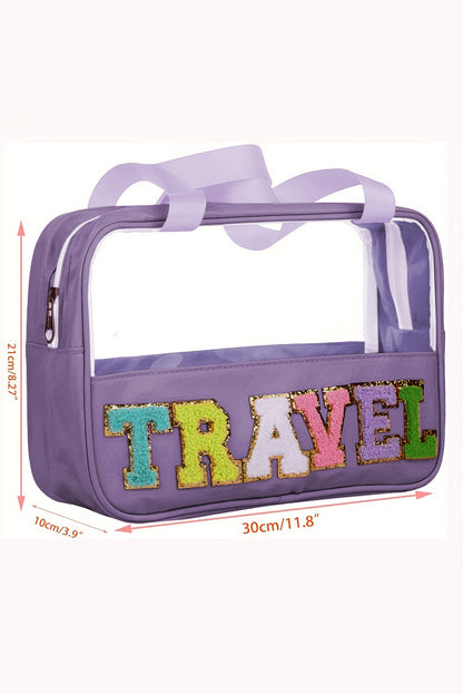 Purple TRAVEL Chenille Letter Clear Bag