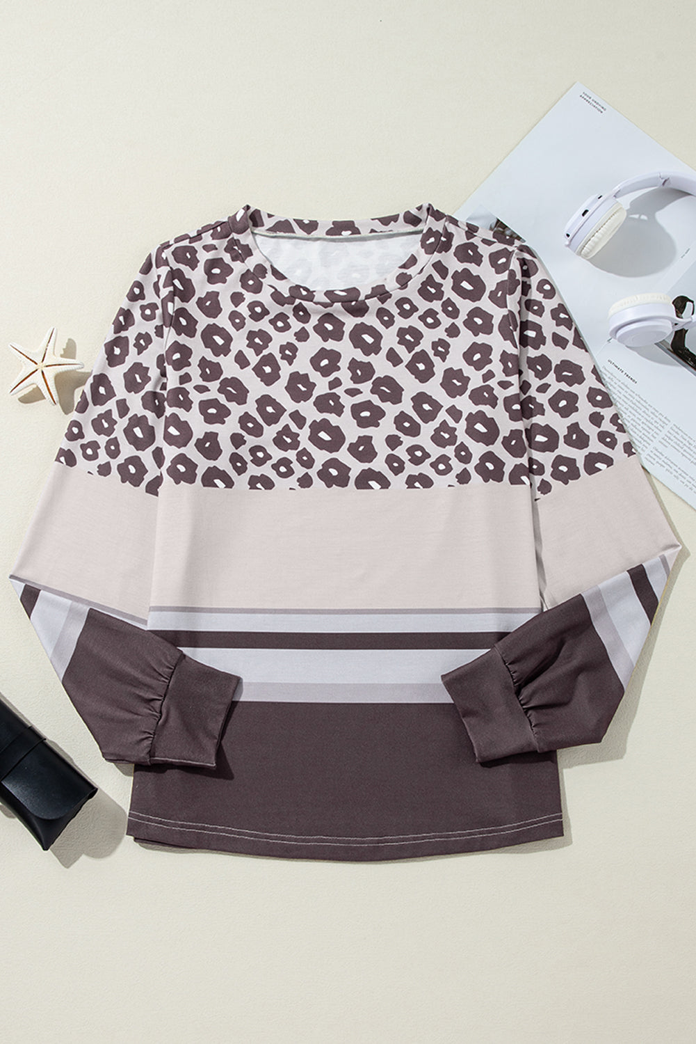 Brown Leopard Color Block Crewneck Long Sleeve Top