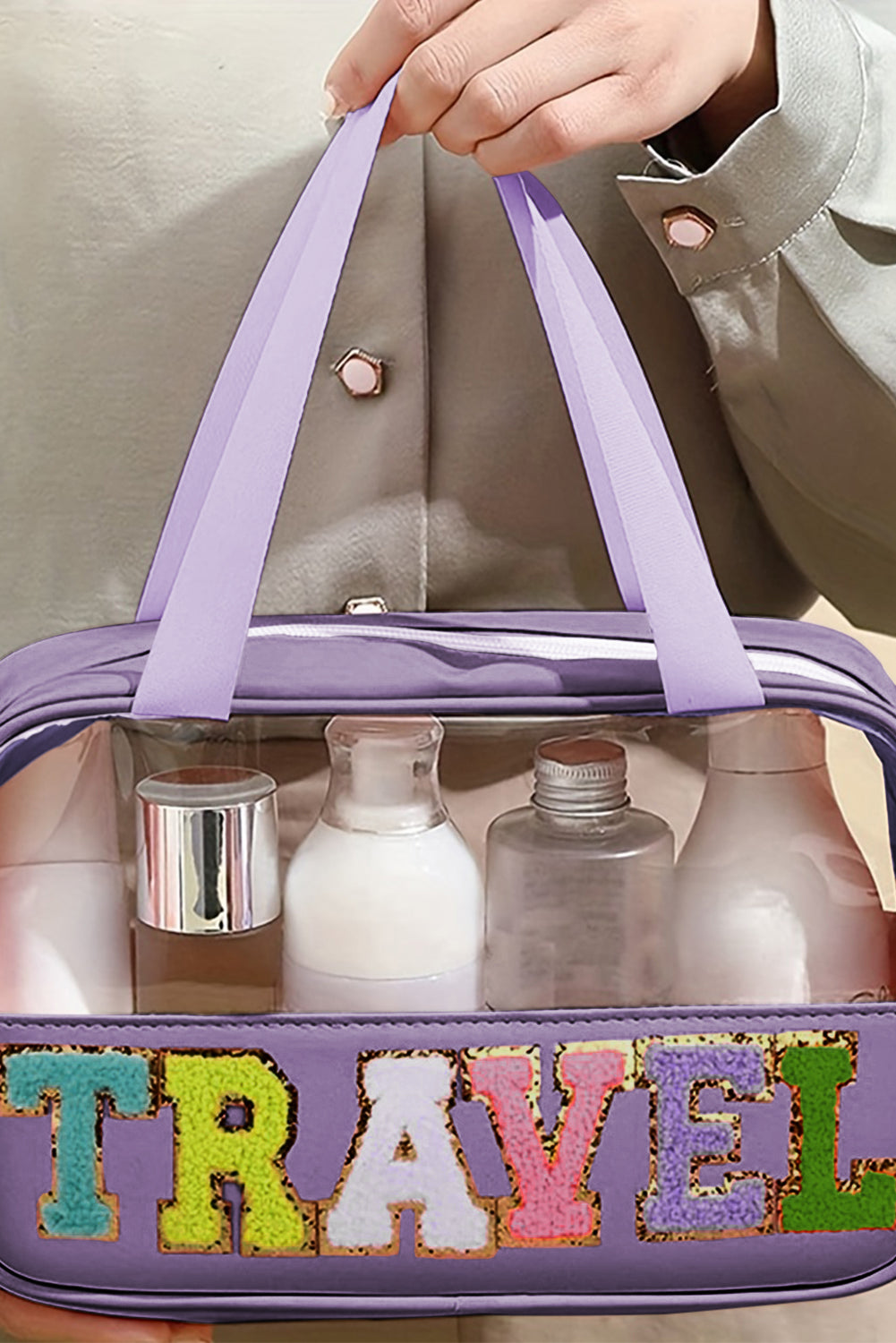 Purple TRAVEL Chenille Letter Clear Bag
