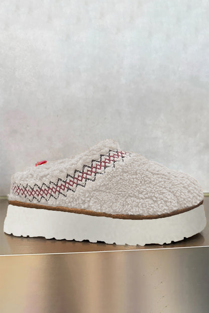 White Embroidered Sherpa Winter Slippers