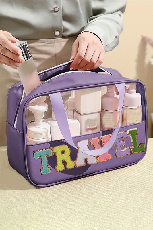 Purple TRAVEL Chenille Letter Clear Bag