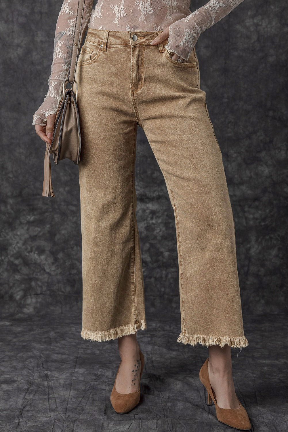 FRANCE Acid Washed High Rise Cropped Wide Leg Jeans