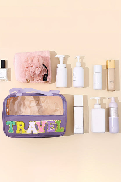 Purple TRAVEL Chenille Letter Clear Bag