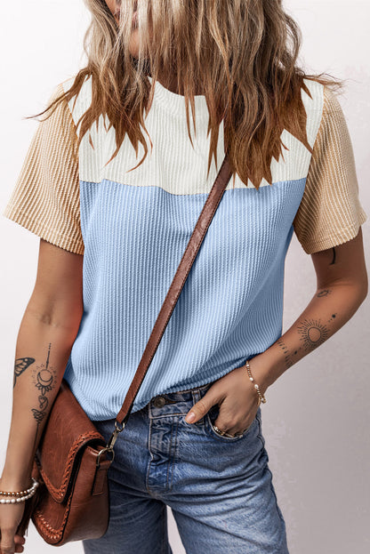 Light Blue Rib Textured Colorblock T Shirt