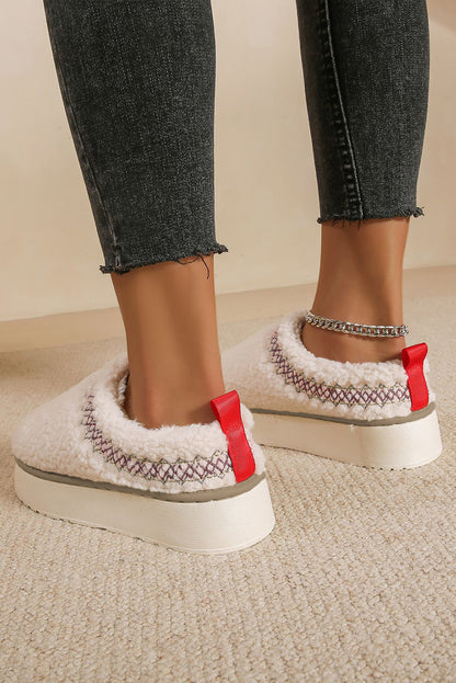 White Embroidered Sherpa Winter Slippers
