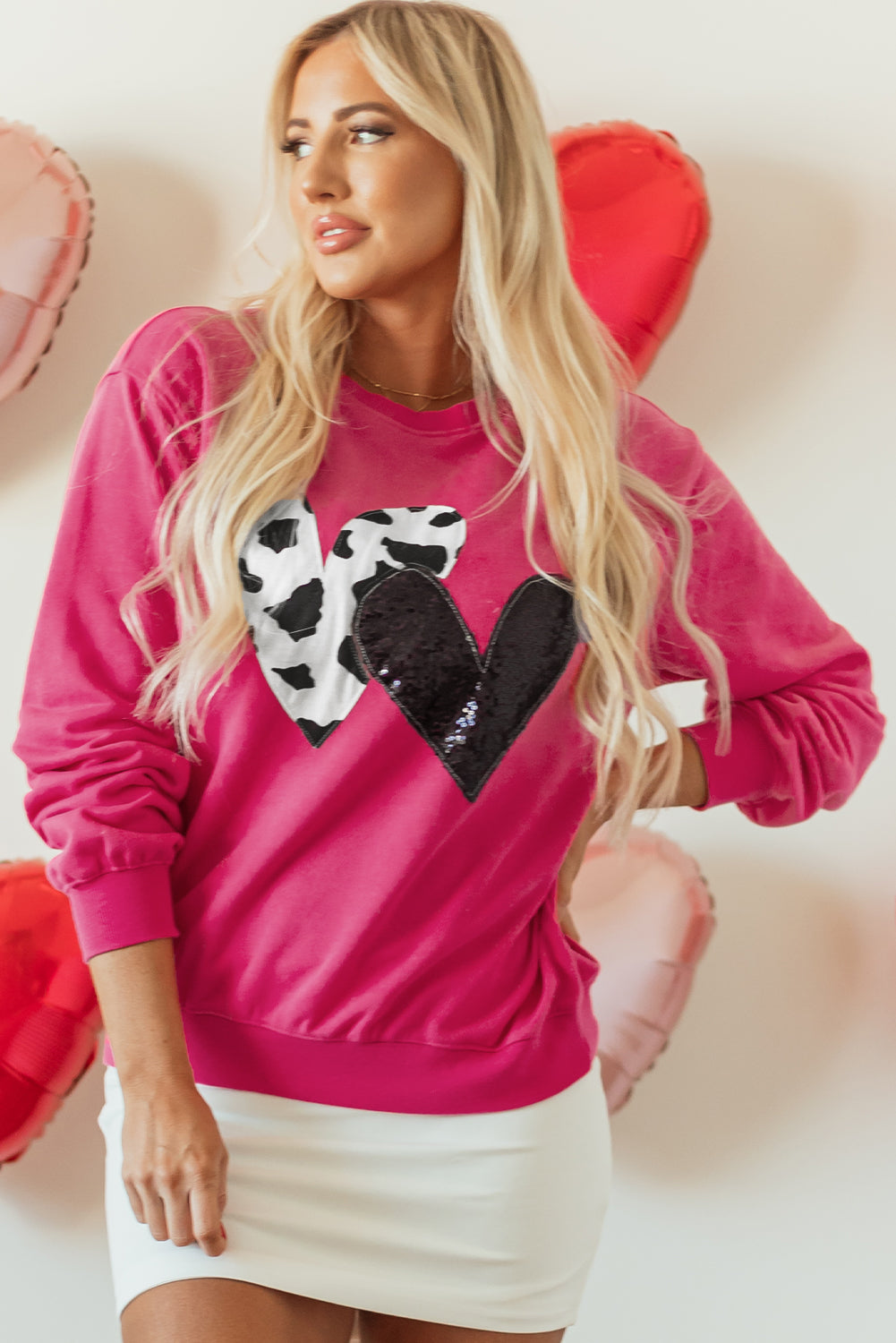 Strawberry Pink Cow & Sequin Double Heart Patch Graphic Sweatshirt