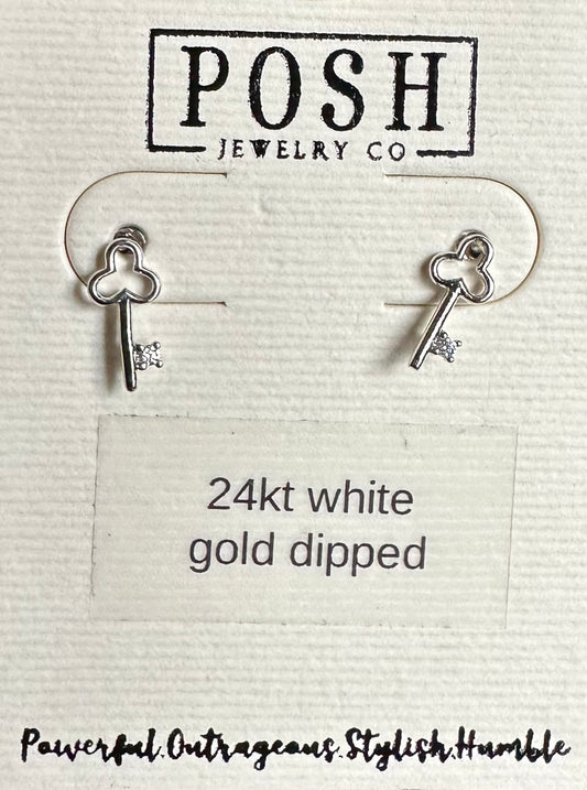 POSH Tiny Key Studs White Gold