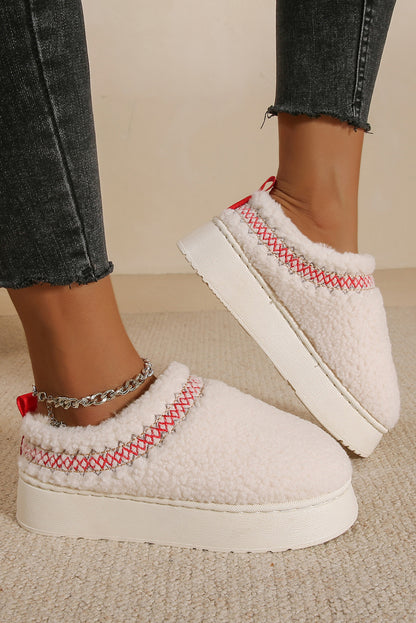 White Embroidered Sherpa Winter Slippers