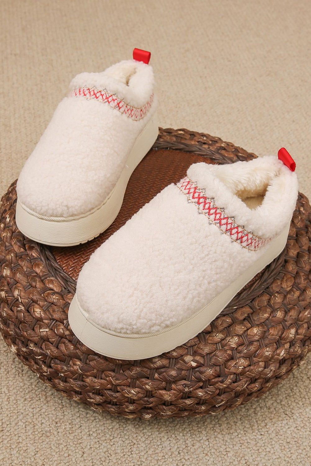 White Embroidered Sherpa Winter Slippers