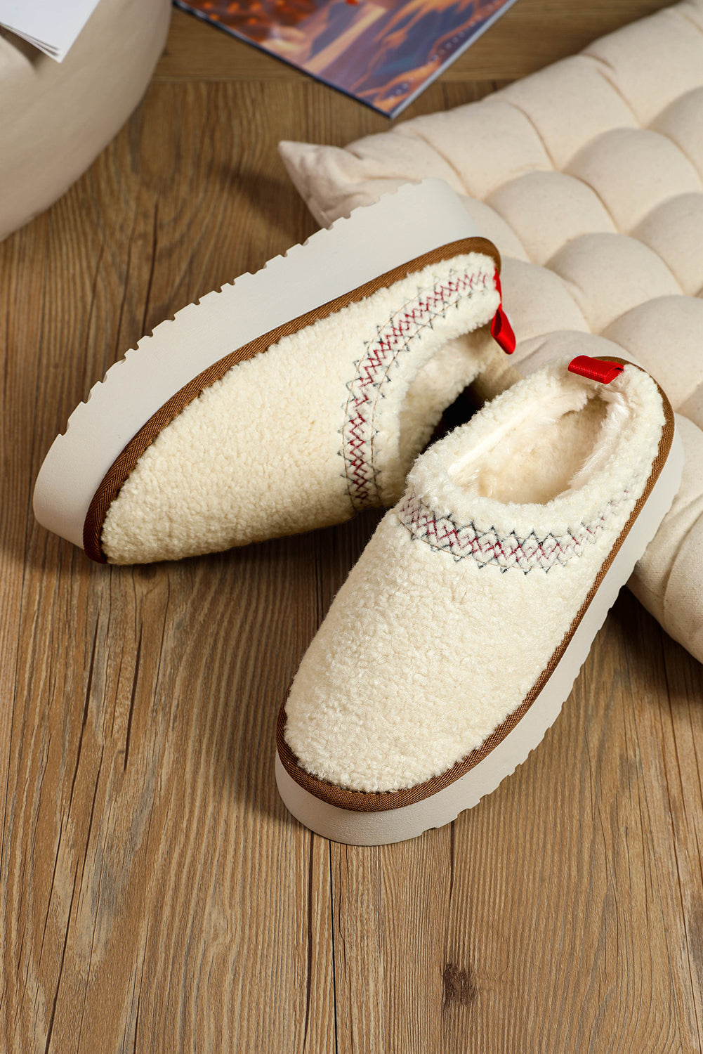 White Embroidered Sherpa Winter Slippers