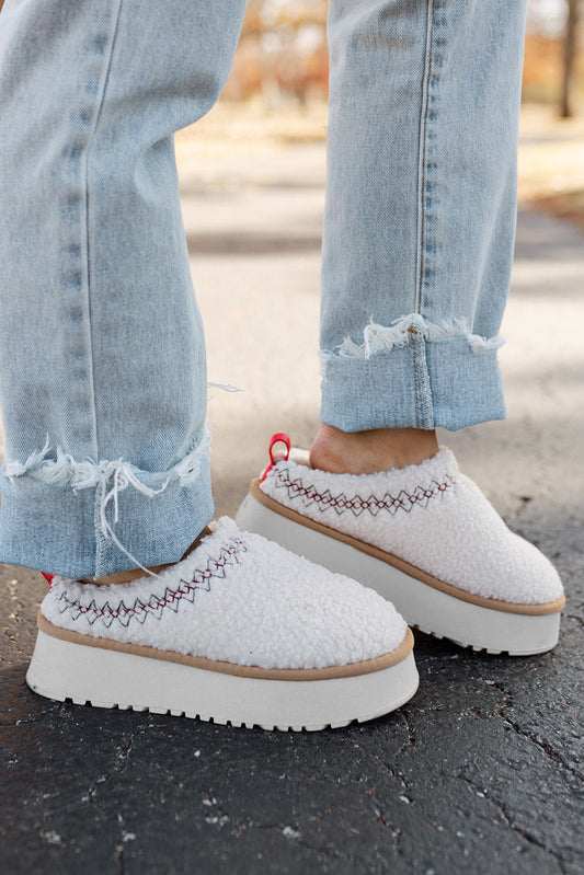 White Embroidered Sherpa Winter Slippers