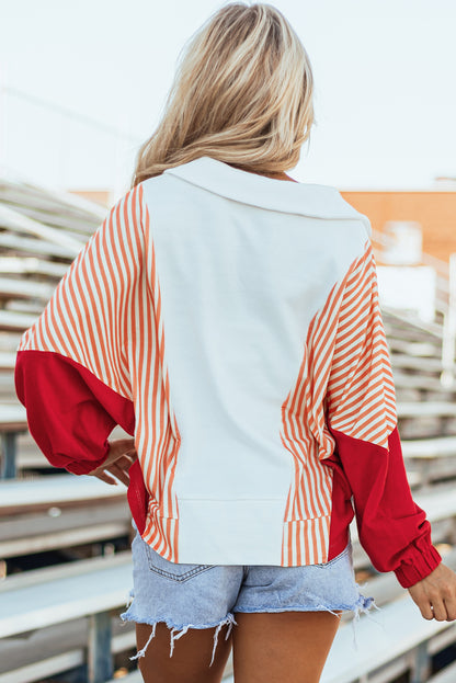 White Striped Color Block Collared V Neck Oversized Sweatshirt