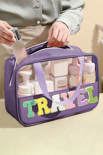 Purple TRAVEL Chenille Letter Clear Bag
