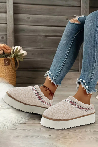White Embroidered Sherpa Winter Slippers