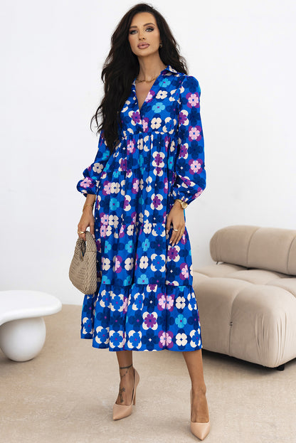 Blue Floral Peasant Sleeve Tiered Ruffle Midi Dress