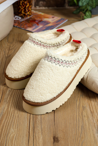 White Embroidered Sherpa Winter Slippers