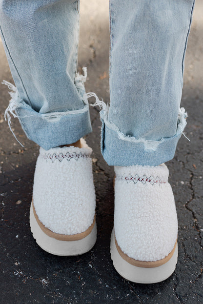 White Embroidered Sherpa Winter Slippers