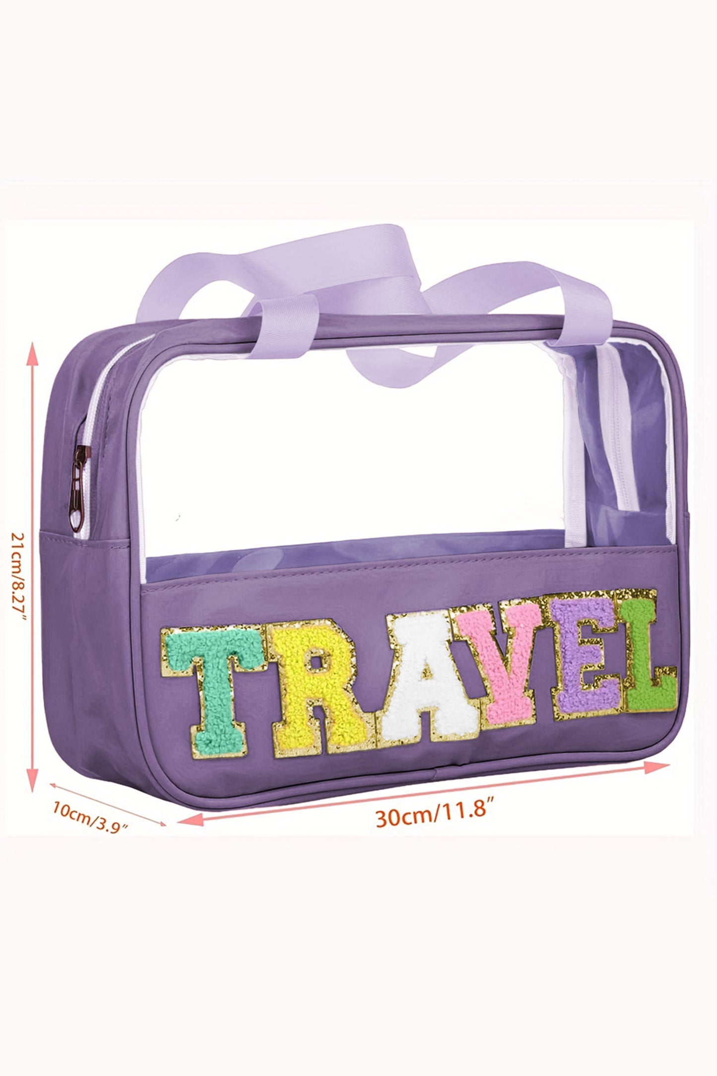 Purple TRAVEL Chenille Letter Clear Bag