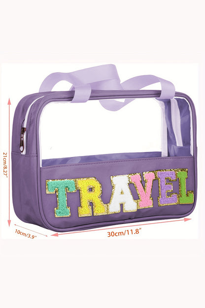 Purple TRAVEL Chenille Letter Clear Bag