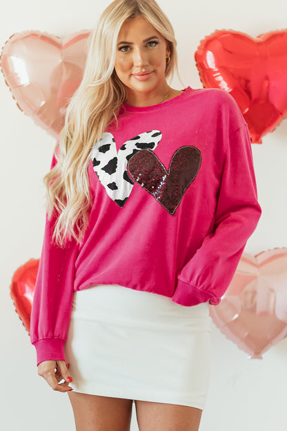 Strawberry Pink Cow & Sequin Double Heart Patch Graphic Sweatshirt