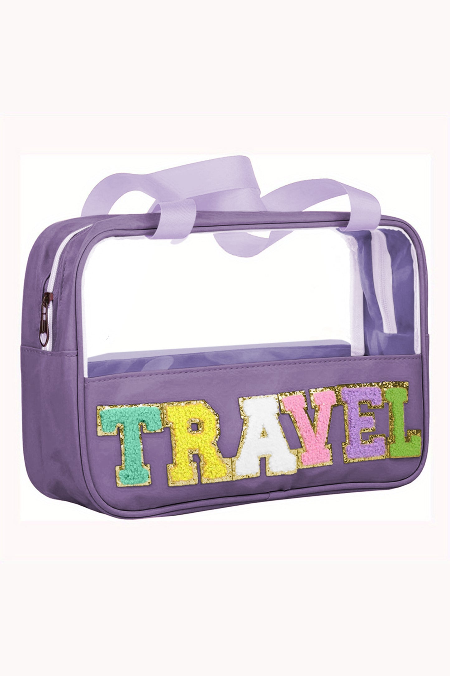 Purple TRAVEL Chenille Letter Clear Bag