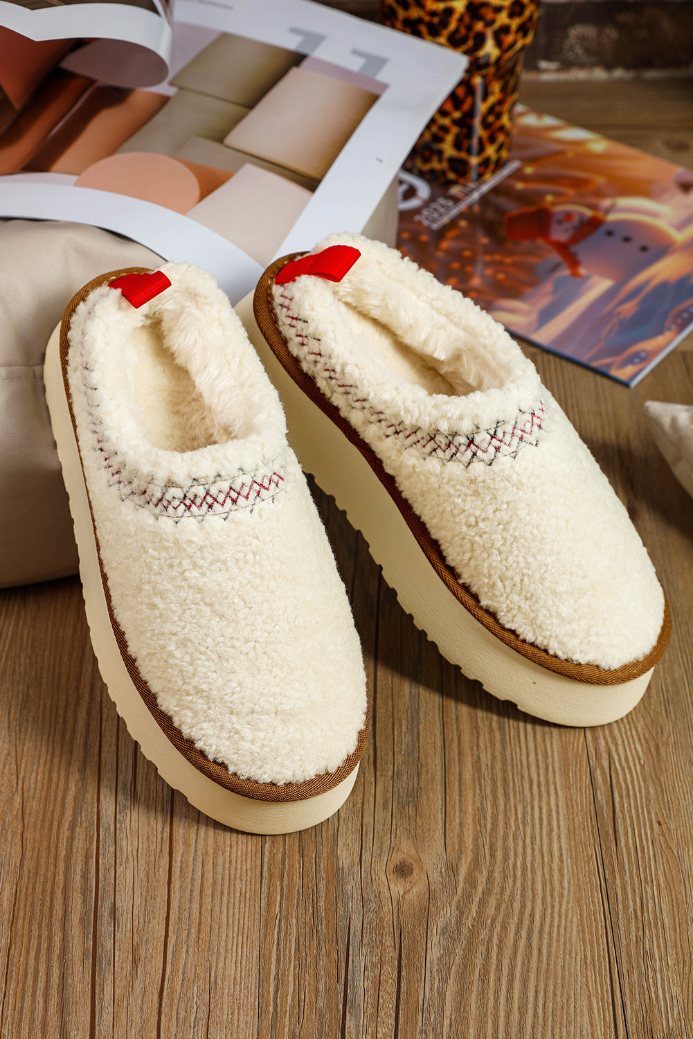 White Embroidered Sherpa Winter Slippers