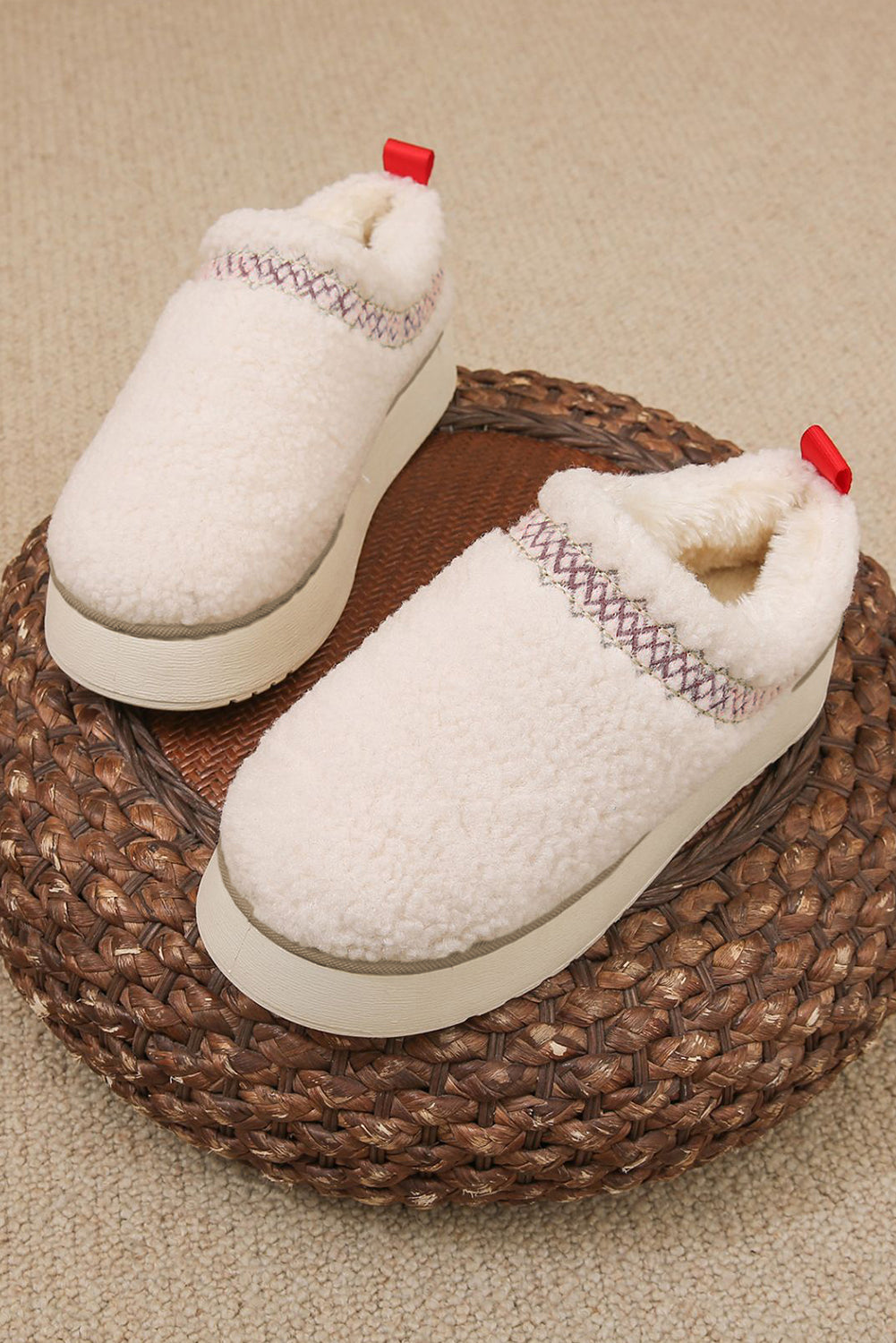 White Embroidered Sherpa Winter Slippers