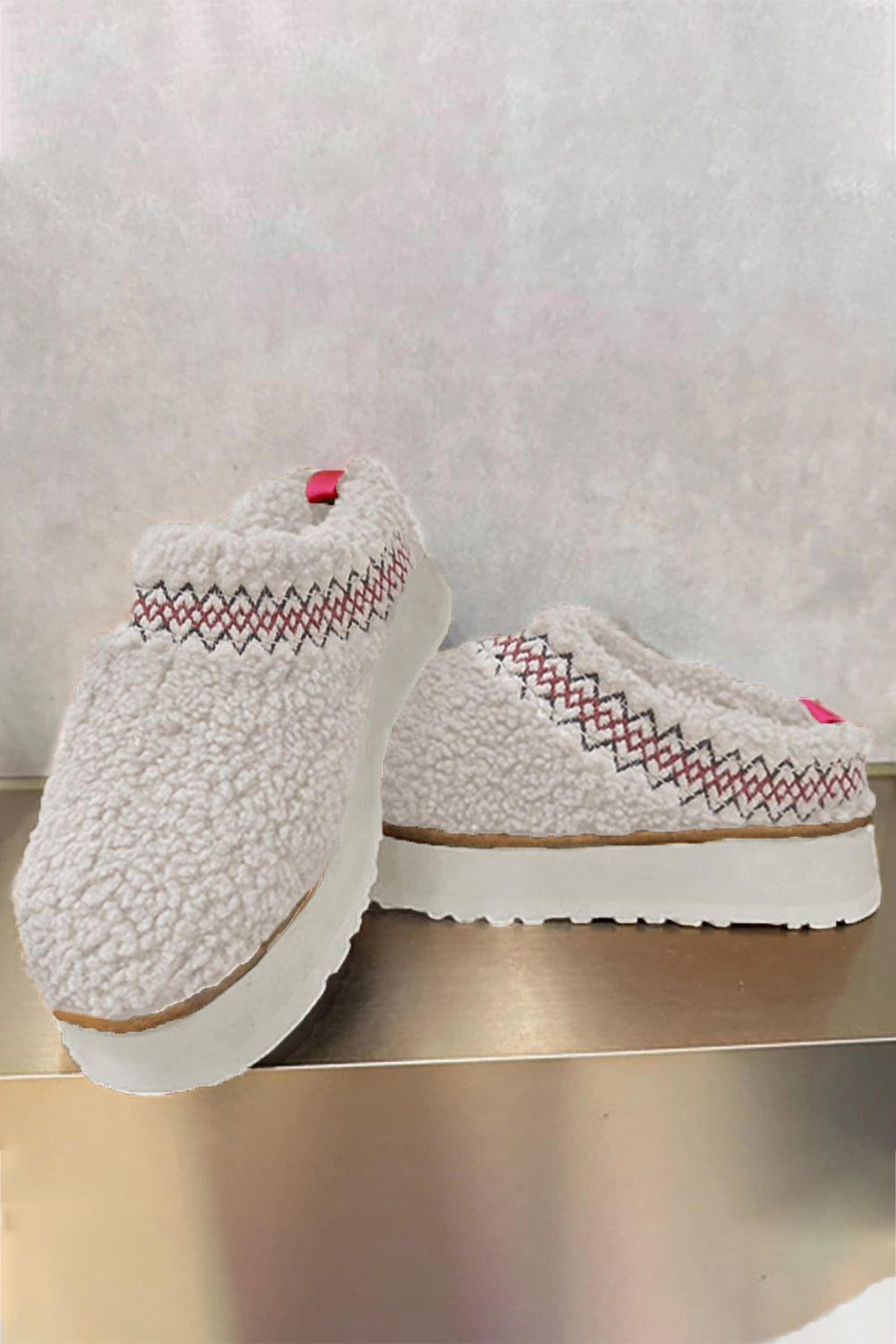 White Embroidered Sherpa Winter Slippers