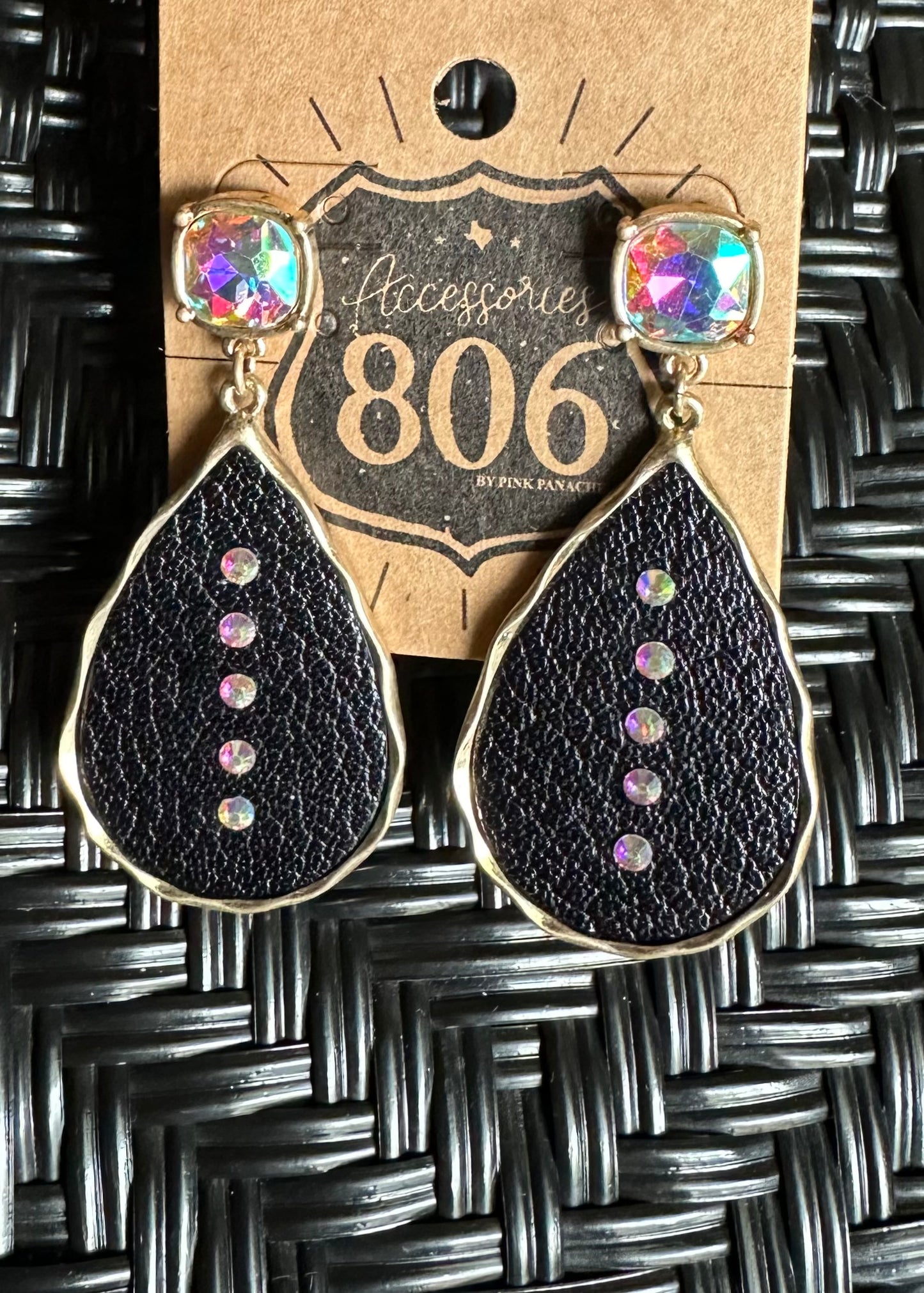 Black Teardrop Earrings with Iridescent Stones