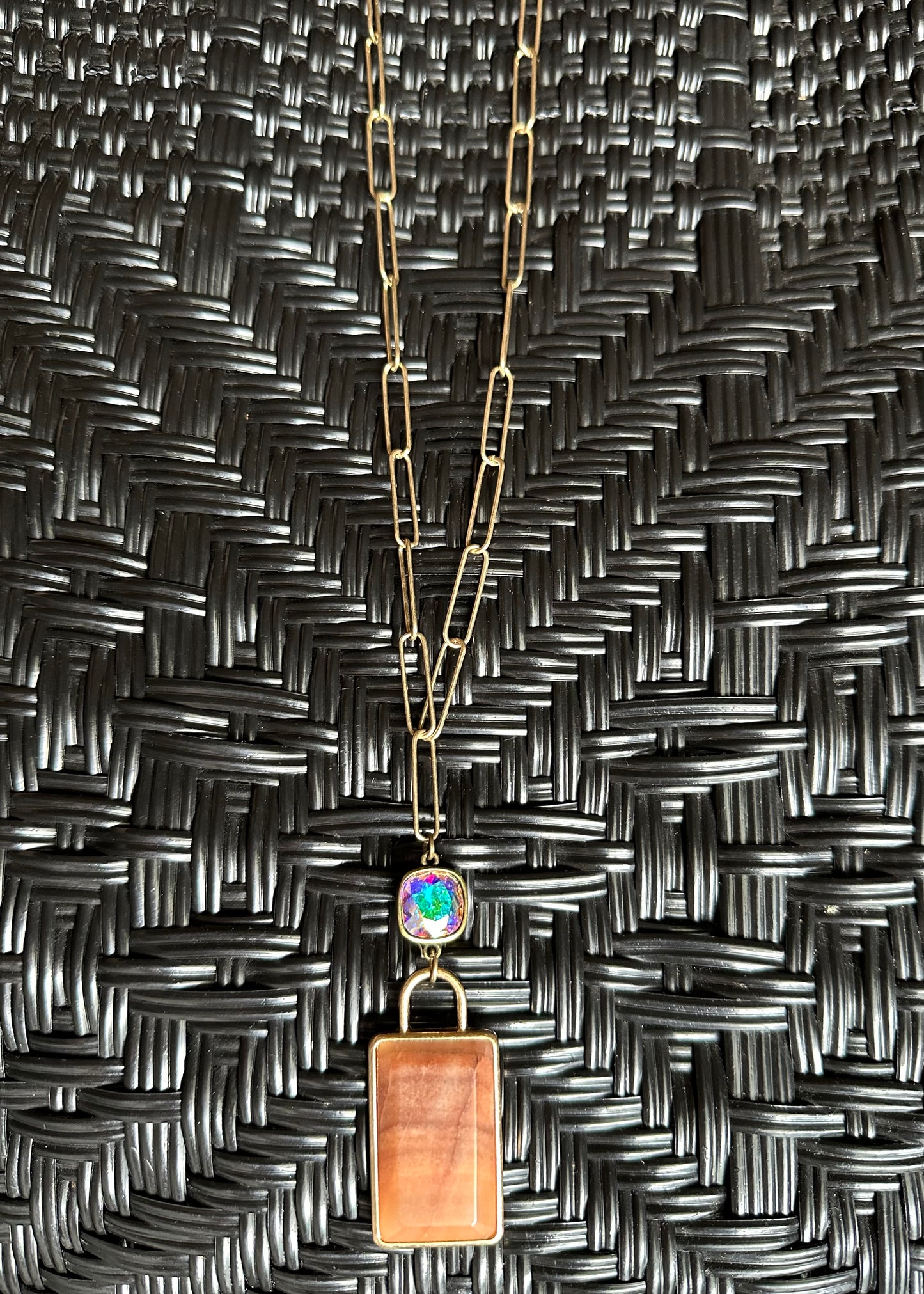 Gold Paperclip Necklace with Brown Stone Pendant and Iridescent Stone