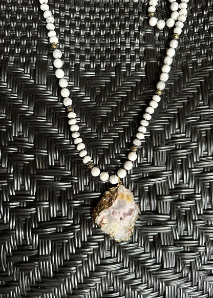 Pink Panache white beaded necklace with White Stone Pendant