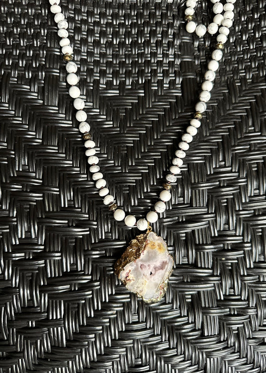 Pink Panache white beaded necklace with White Stone Pendant