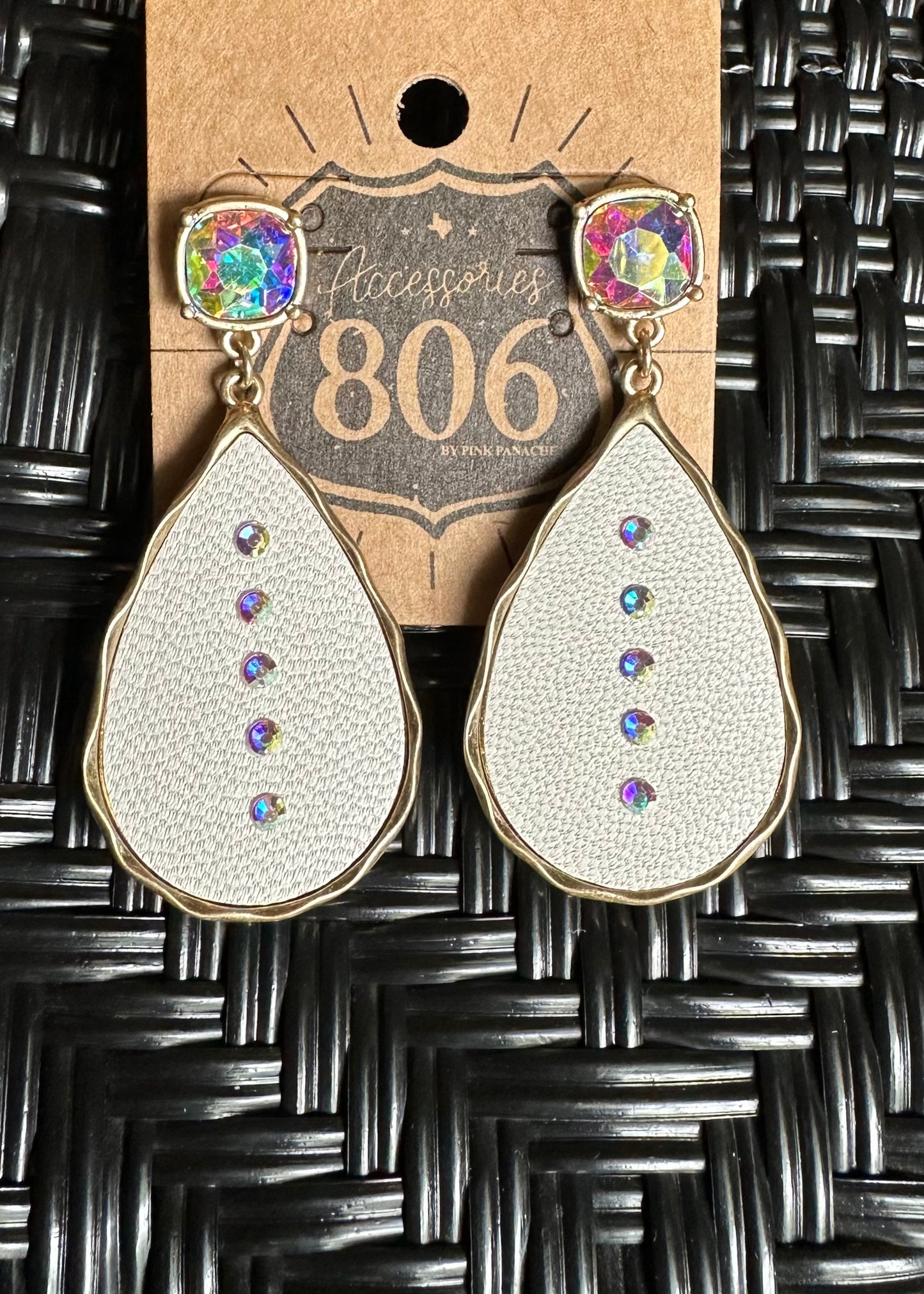 White Teardrop Earrings with Iridescent Stones