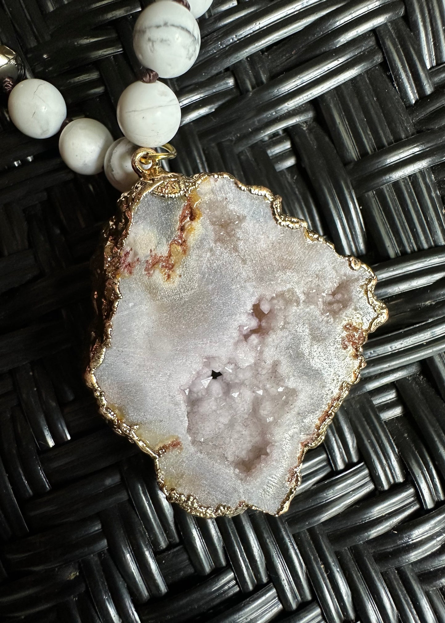 Pink Panache white beaded necklace with White Stone Pendant