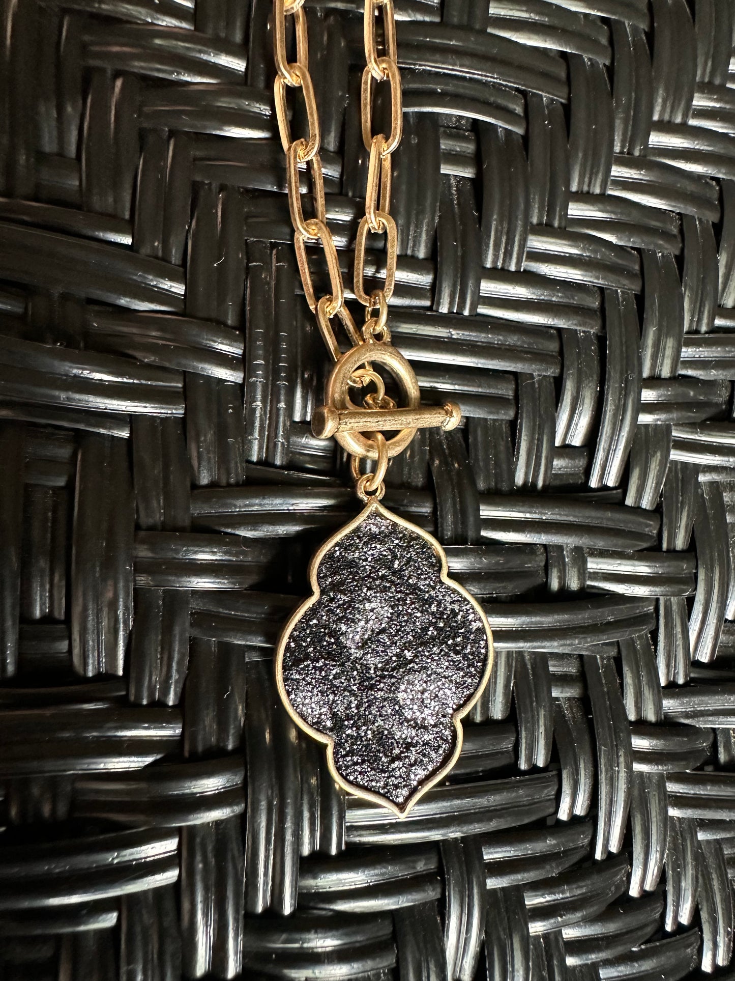 Pink Panache Gold Paperclip Necklace with Black Pendant