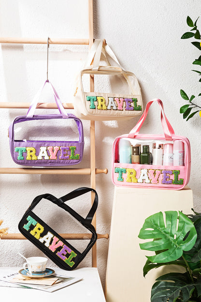 Purple TRAVEL Chenille Letter Clear Bag