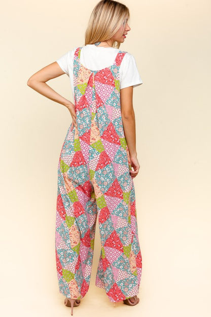 Haptics Full Size Printed Wide Leg Overalls with Side Pockets