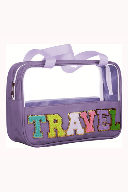 Purple TRAVEL Chenille Letter Clear Bag