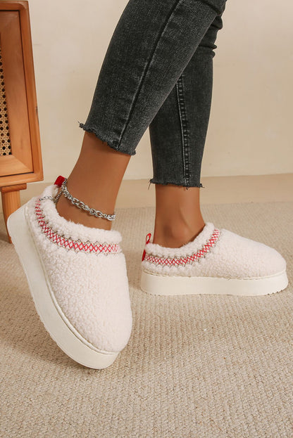 White Embroidered Sherpa Winter Slippers