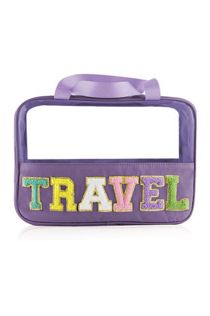 Purple TRAVEL Chenille Letter Clear Bag