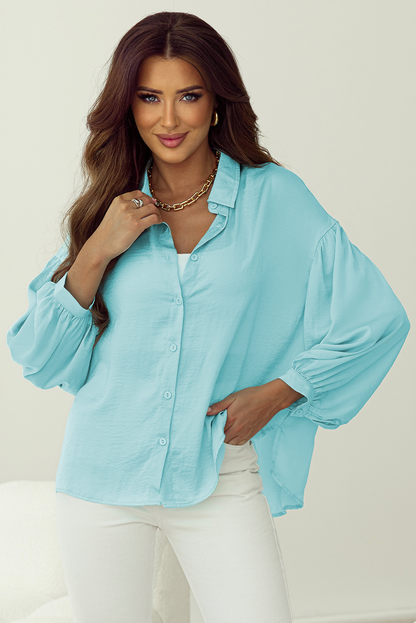 Iceland Blue Solid Puff Sleeve Loose Fit Buttoned Shirt