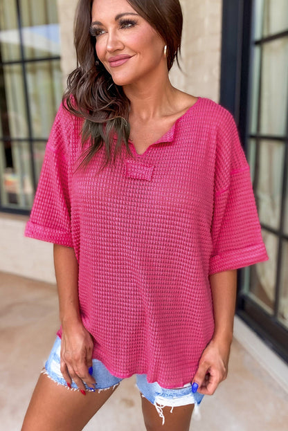 Strawberry Pink Textured Knit Split Neck Cuffed Short Sleeve Top