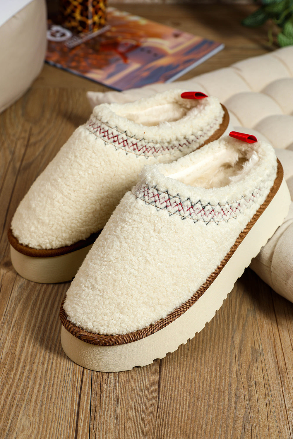 White Embroidered Sherpa Winter Slippers