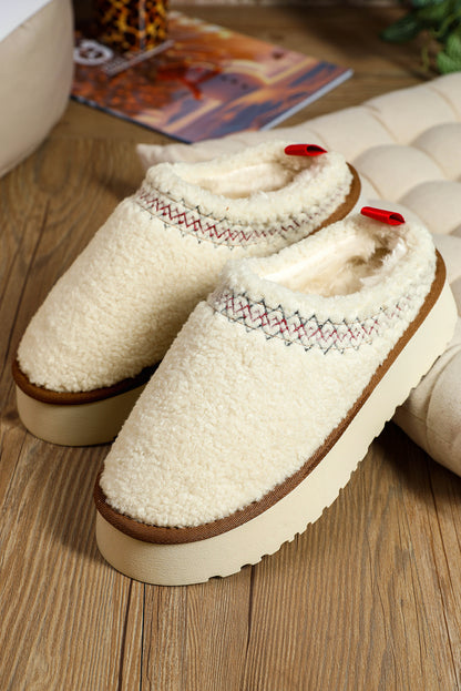 White Embroidered Sherpa Winter Slippers