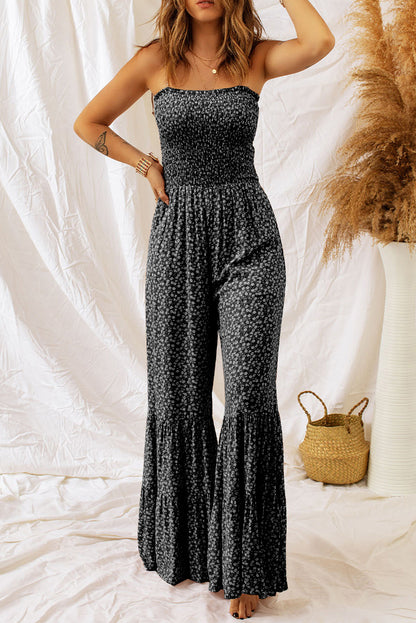 Black Khaki Thin Straps Smocked Bodice Wide Leg Floral Jumpsuit