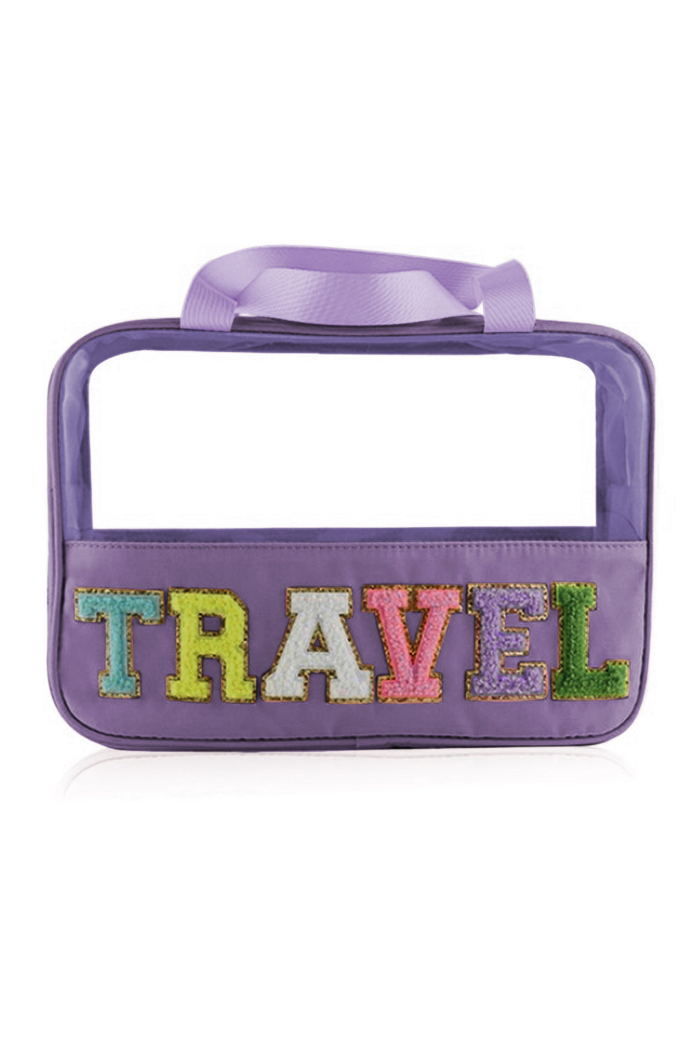 Purple TRAVEL Chenille Letter Clear Bag